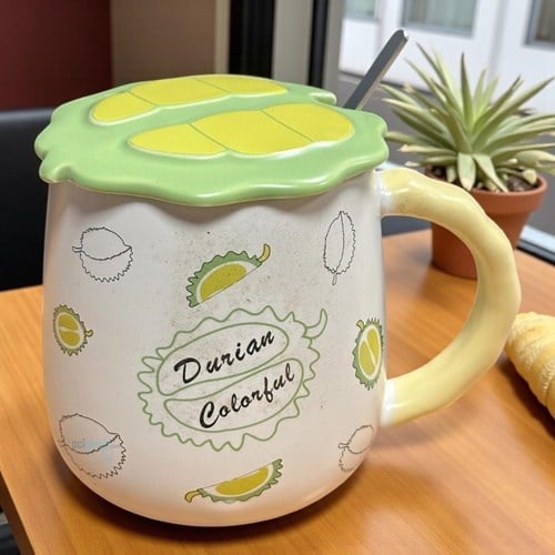 Porselen Kupa Bardak Kaşıklı Şirin Durian Tasarım Mug