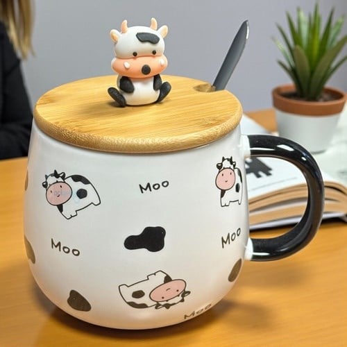 Porselen Kupa Bardak Kaşıklı Şirin İnek Tasarım Mug
