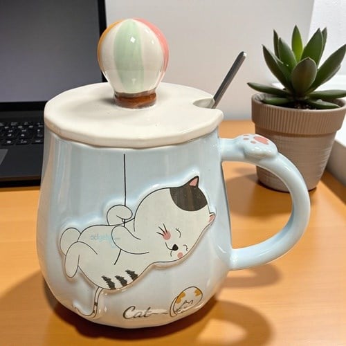 Porselen Kupa Bardak Kaşıklı Şirin Kedi Tasarım Mug