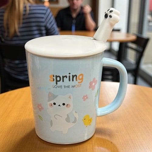 Porselen Kupa Bardak Kaşıklı Şirin Kedi Tasarım Mug