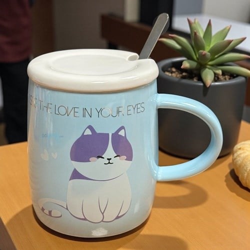 Porselen Kupa Bardak Kaşıklı Şirin Tasarım Cat Mug