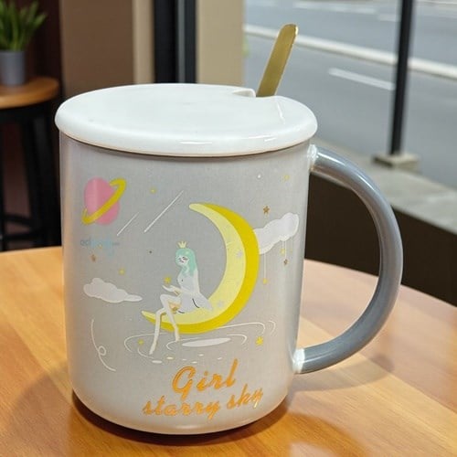 Porselen Kupa Bardak Kaşıklı Şirin Tasarım Girl Mug