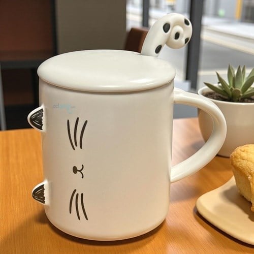 Porselen Kupa Bardak Kaşıklı Şirin Tasarım Cat Mug