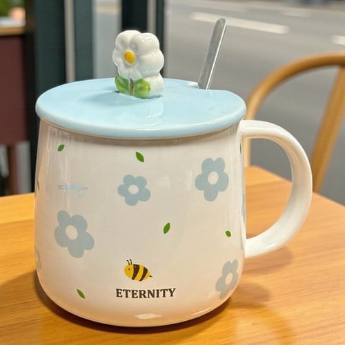 Porselen Kupa Bardak Kaşıklı Şirin Tasarım Çiçekli Mug
