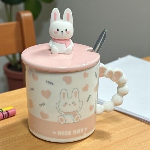 Porselen Kupa Bardak Kaşıklı Şirin Tavşan Tasarım Mug