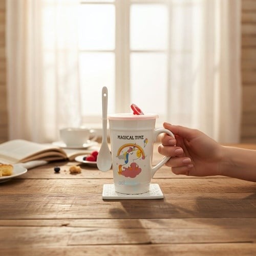 Porselen Kupa Bardak Kaşıklı Şirin Unicorn Tasarım Mug