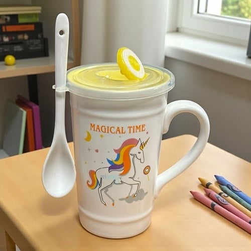 Porselen Kupa Bardak Kaşıklı Şirin Unicorn Tasarım Mug