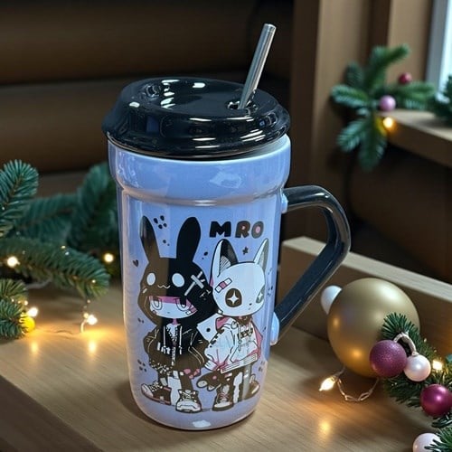 Porselen Kupa Bardak Pipetli Kapaklı Şirin Tasarım Mug