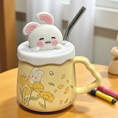 Porselen Kupa Bardak Pipetli Şirin Tavşan Tasarım Mug