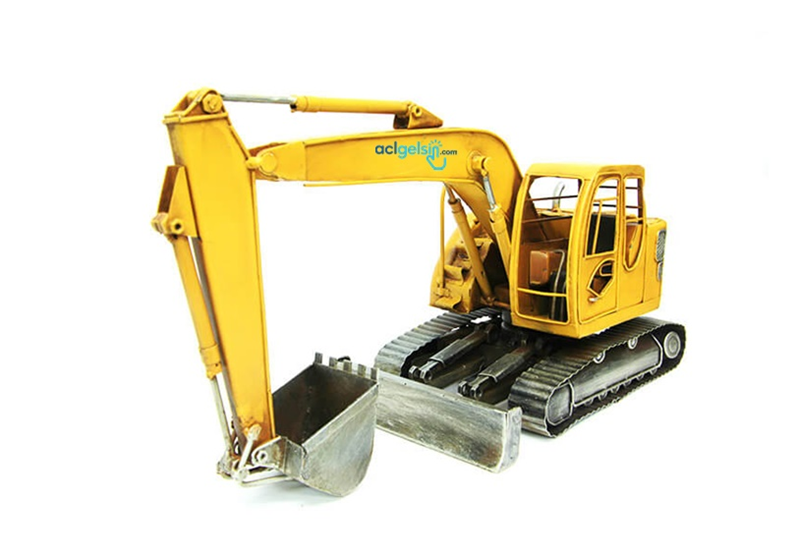 Retro Dekoratif Metal Sarı Ekskavatör İş Makinası