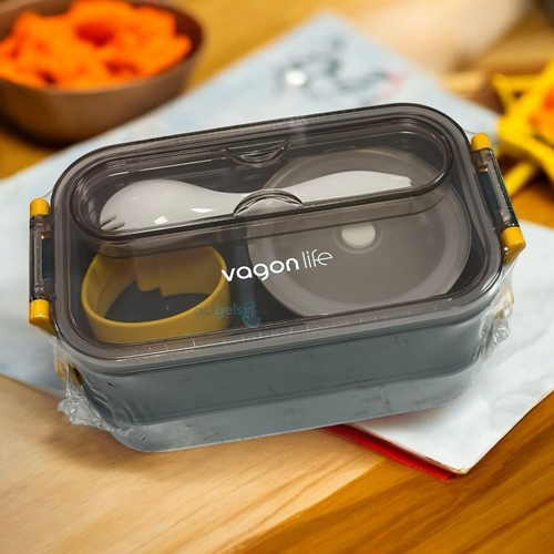 Vagonlife Paslanmaz Çelik Üç Bölmeli Beslenme Kabı 1500 Ml Mavi-gri