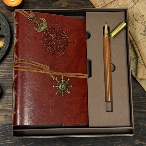 Vintage Deri Kapaklı Pusula Baskılı Kraft Defter Ve Tükenmez Kalem