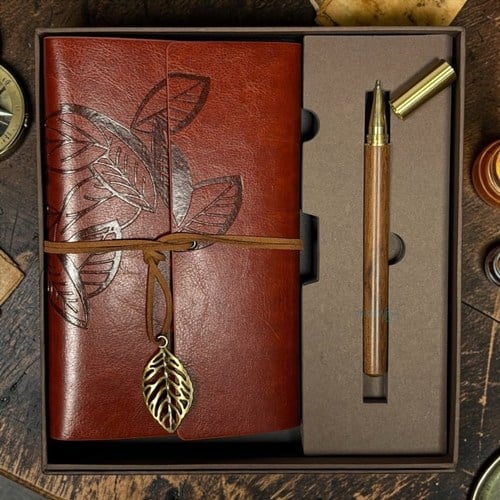 Vintage Kahve Rengi Deri Kapaklı Yaprak Baskılı Kraft Defter Ve Tükenmez Kalem