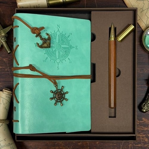Vintage Mint Yeşil Deri Kapaklı Pusula Baskılı Kraft Defter Ve Tükenmez Kalem