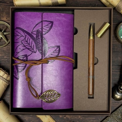 Vintage Mor Deri Kapaklı Yaprak Baskılı Kraft Defter Ve Tükenmez Kalem