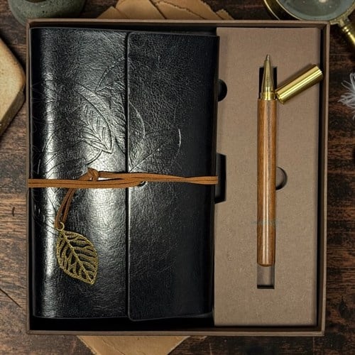Vintage Siyah Deri Kapaklı Yaprak Baskılı Kraft Defter Ve Tükenmez Kalem