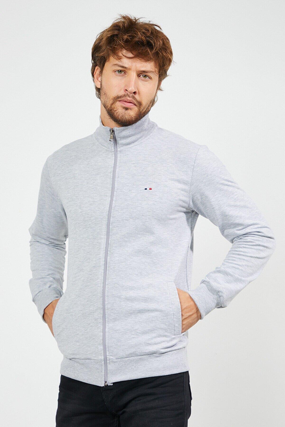 Erkek Gri Uzun Kollu Önü Fermuarlı Hırka