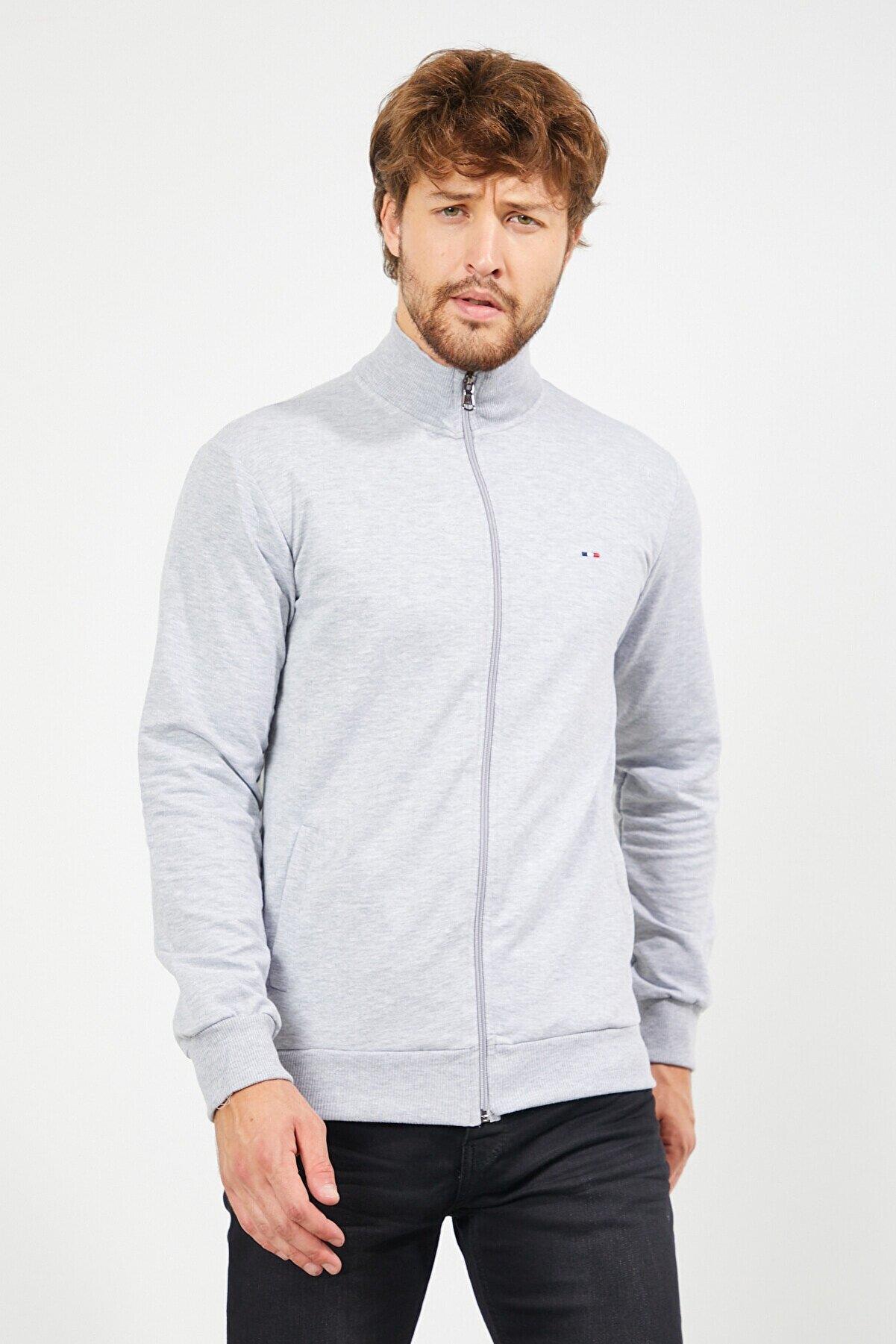 Erkek Gri Uzun Kollu Önü Fermuarlı Hırka