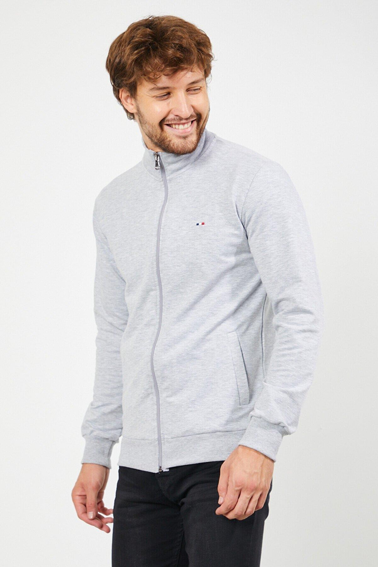 Erkek Gri Uzun Kollu Önü Fermuarlı Hırka