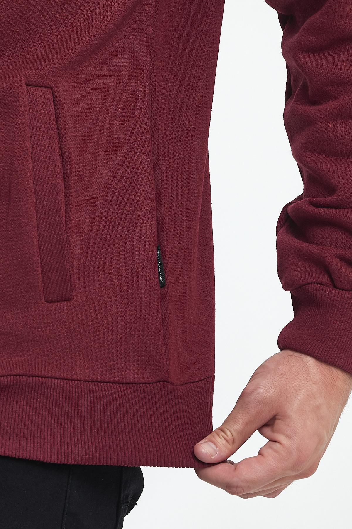 İçi Pamuklu Fermuarlı Dik Yaka Yan Cepli Bordo Erkek Hırka