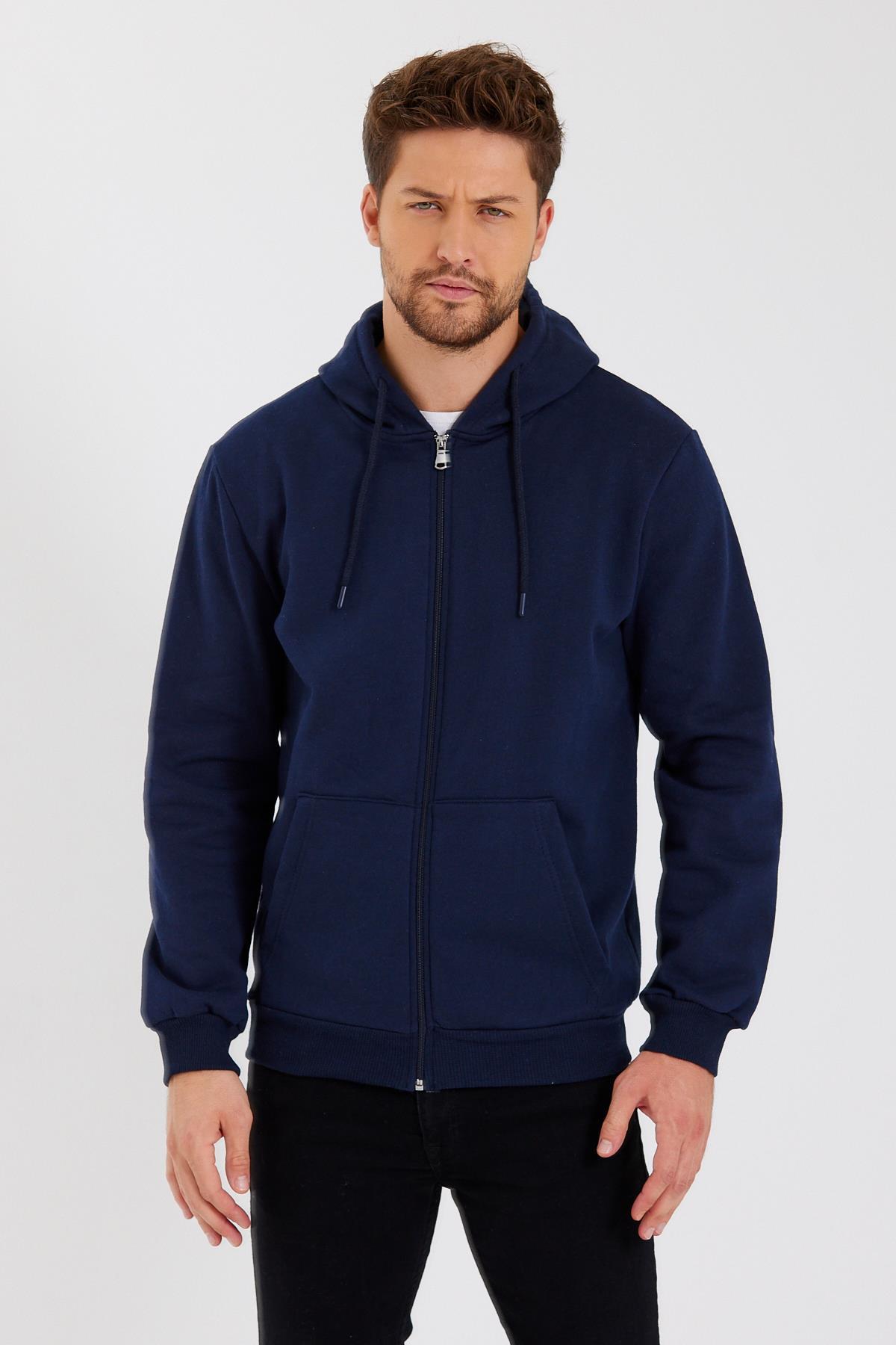 METALIC Siyah Kanguru Cepli Kapüşonlu Fermuarlı İçi Pamuklu Erkek Hırka