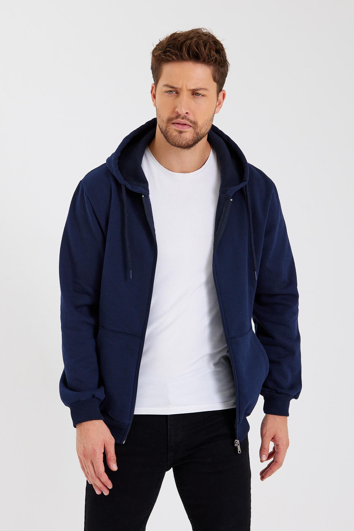 METALIC Siyah Kanguru Cepli Kapüşonlu Fermuarlı İçi Pamuklu Erkek Hırka