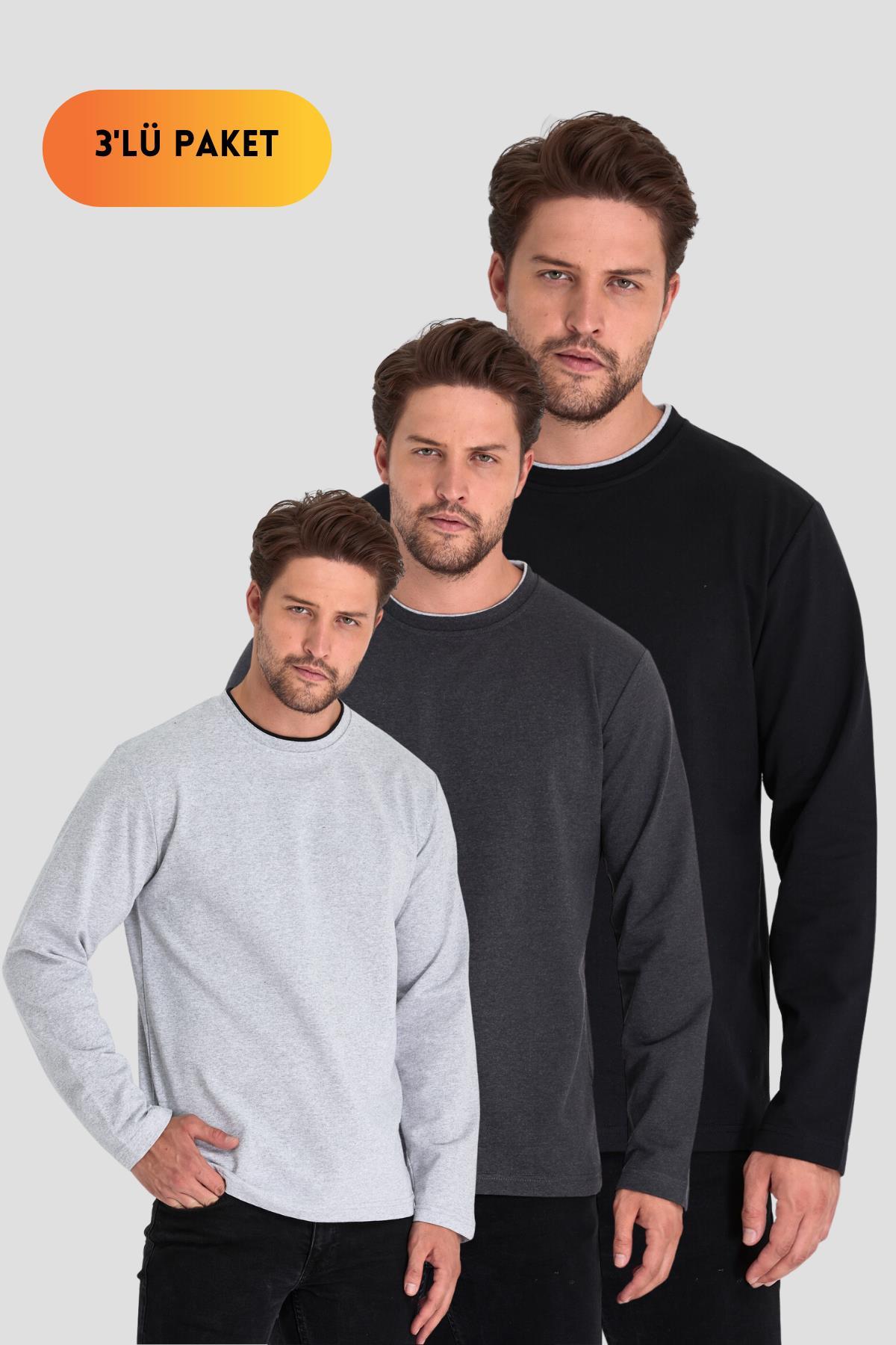 Siyah-Gri-Antrasit Erkek Çift Bisiklet Yaka Standart Rahat Kesim 3'lü Sweatshirt