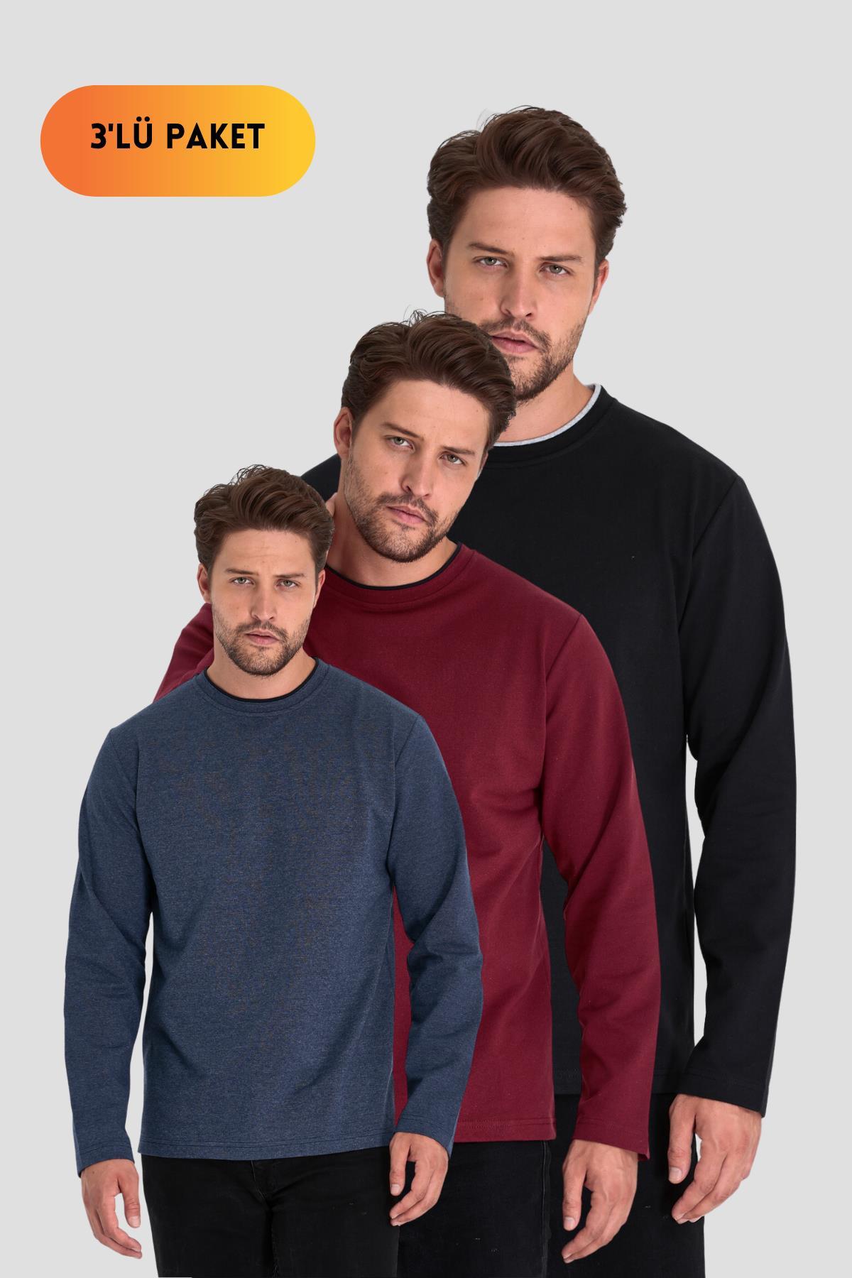 Siyah-Gri-Antrasit Erkek Çift Bisiklet Yaka Standart Rahat Kesim 3'lü Sweatshirt