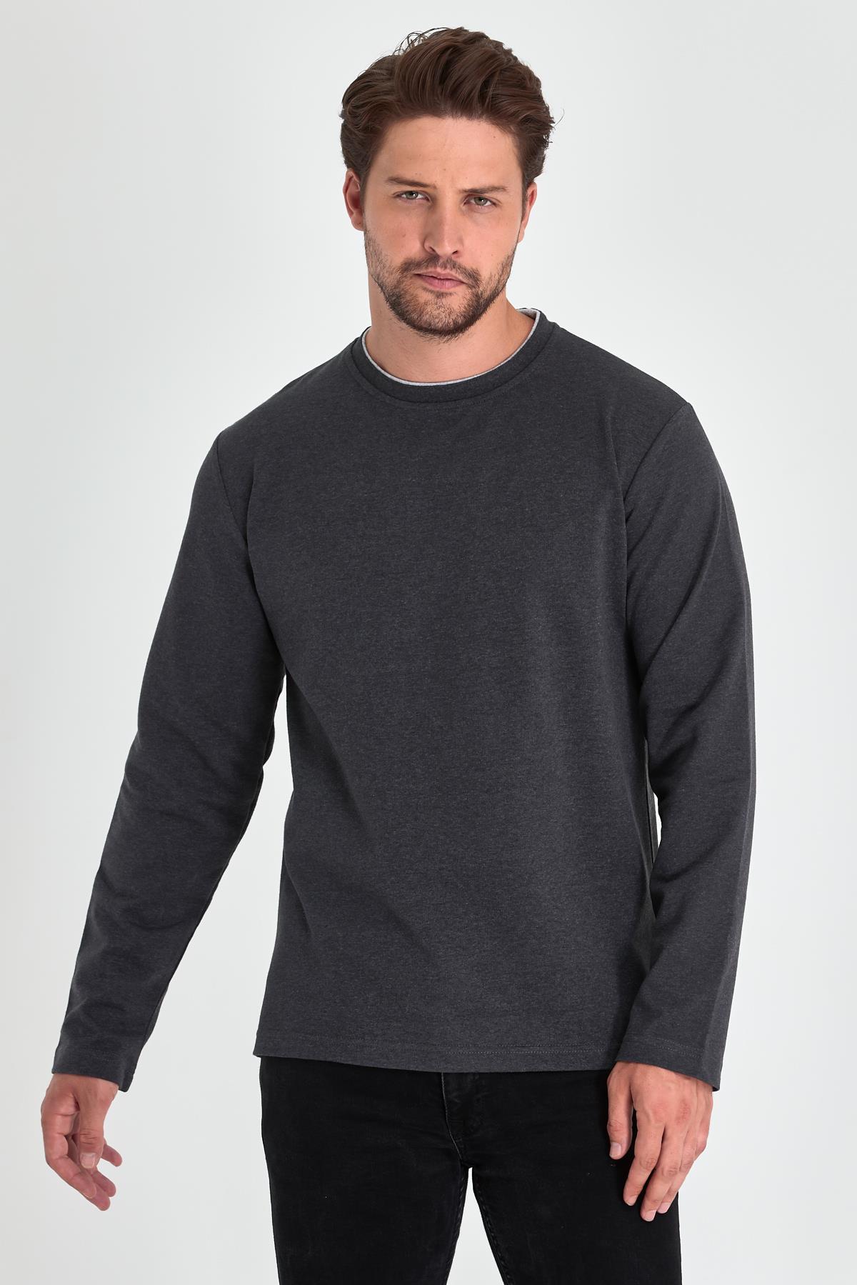 Siyah-Gri-Antrasit Erkek Çift Bisiklet Yaka Standart Rahat Kesim 3'lü Sweatshirt