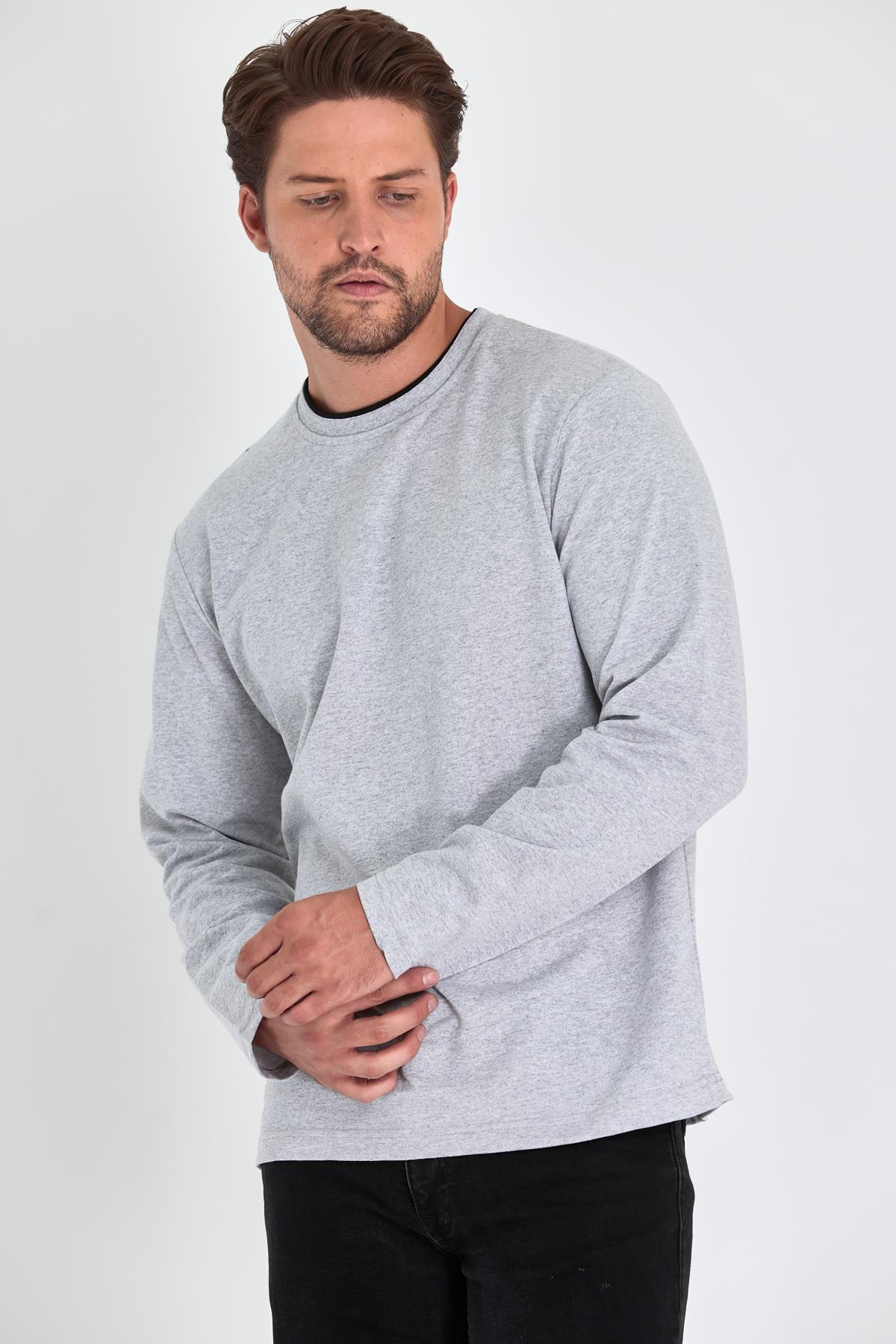 Siyah-Gri-Antrasit Erkek Çift Bisiklet Yaka Standart Rahat Kesim 3'lü Sweatshirt