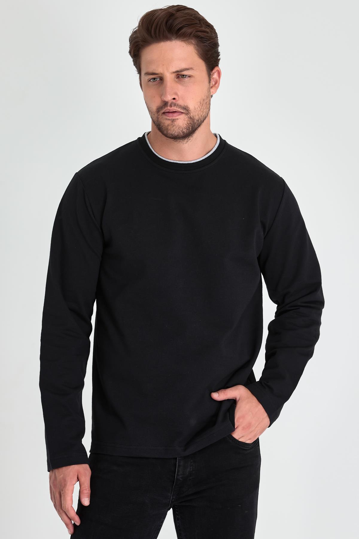 Siyah-Gri-Antrasit Erkek Çift Bisiklet Yaka Standart Rahat Kesim 3'lü Sweatshirt