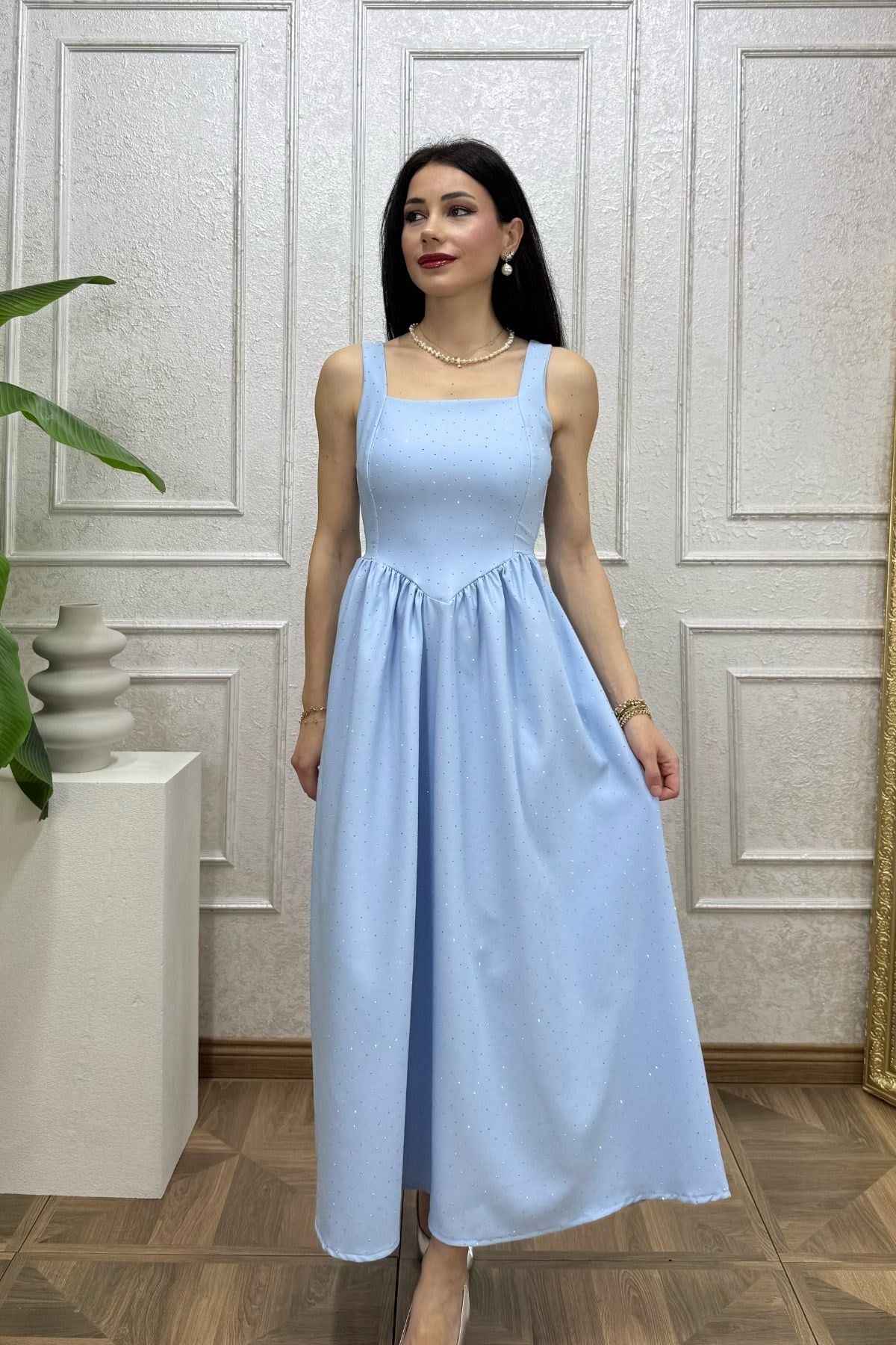 Bebe Mavi Beli Büzgü Detay Kuşaklı Taşlı Elbise