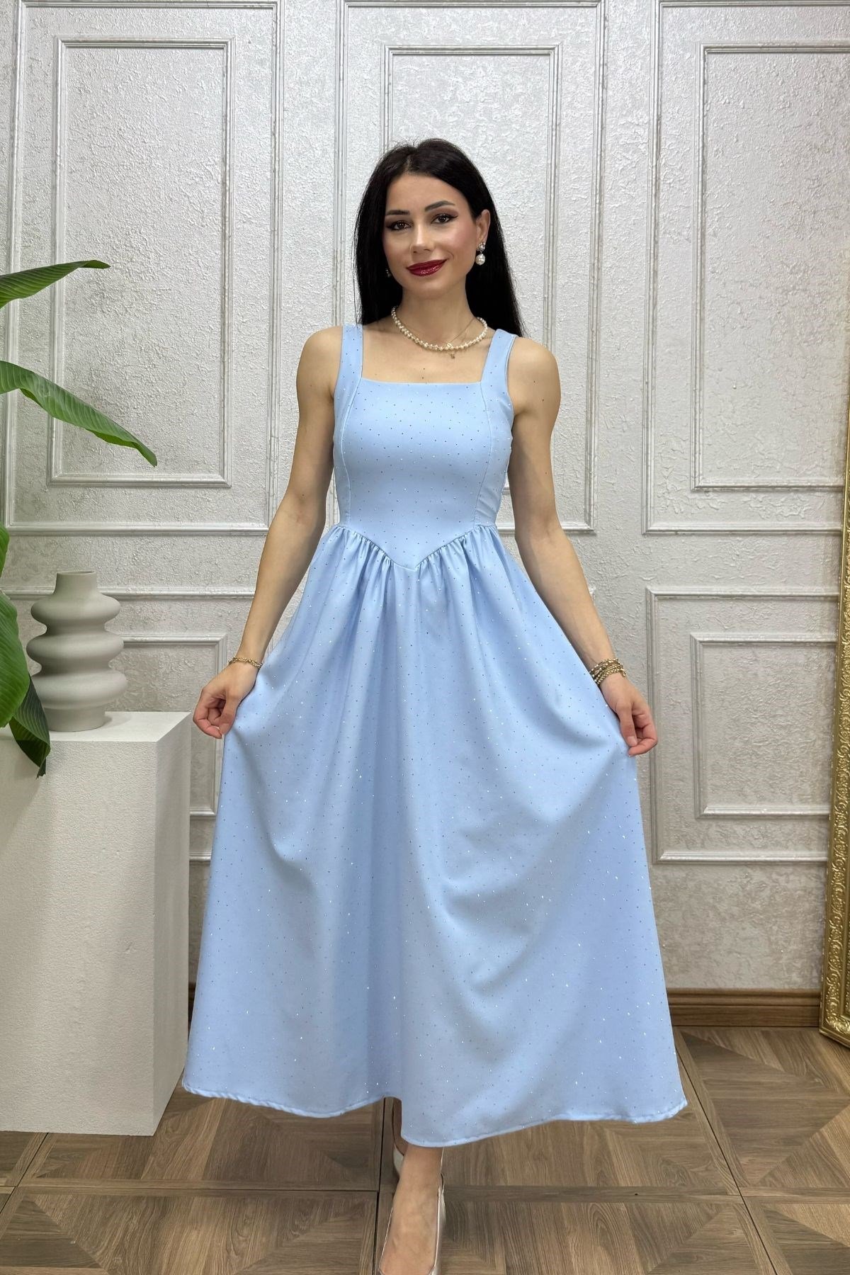 Bebe Mavi Beli Büzgü Detay Kuşaklı Taşlı Elbise