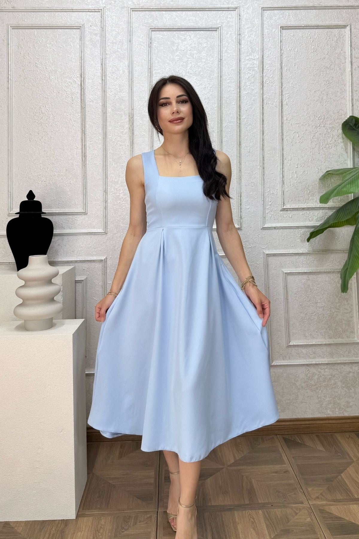 Bebe Mavi Beli Pile Detaylı Kalın Askılı Elbise
