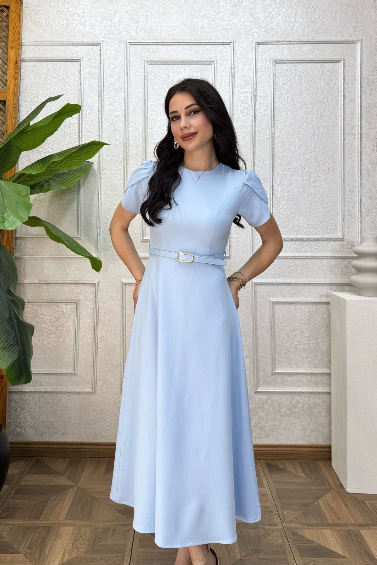 Bebe Mavi Kol Detaylı Kemerli Elbise