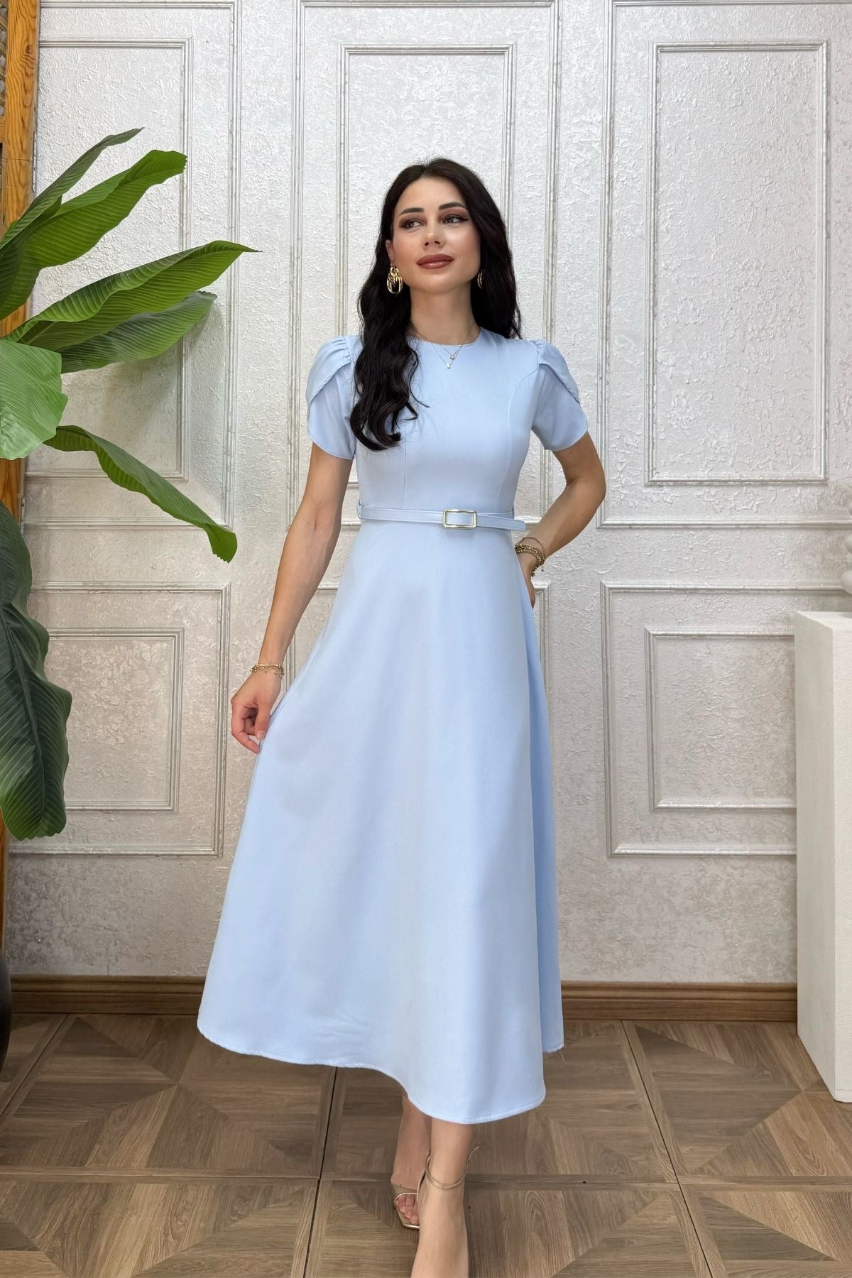 Bebe Mavi Kol Detaylı Kemerli Elbise