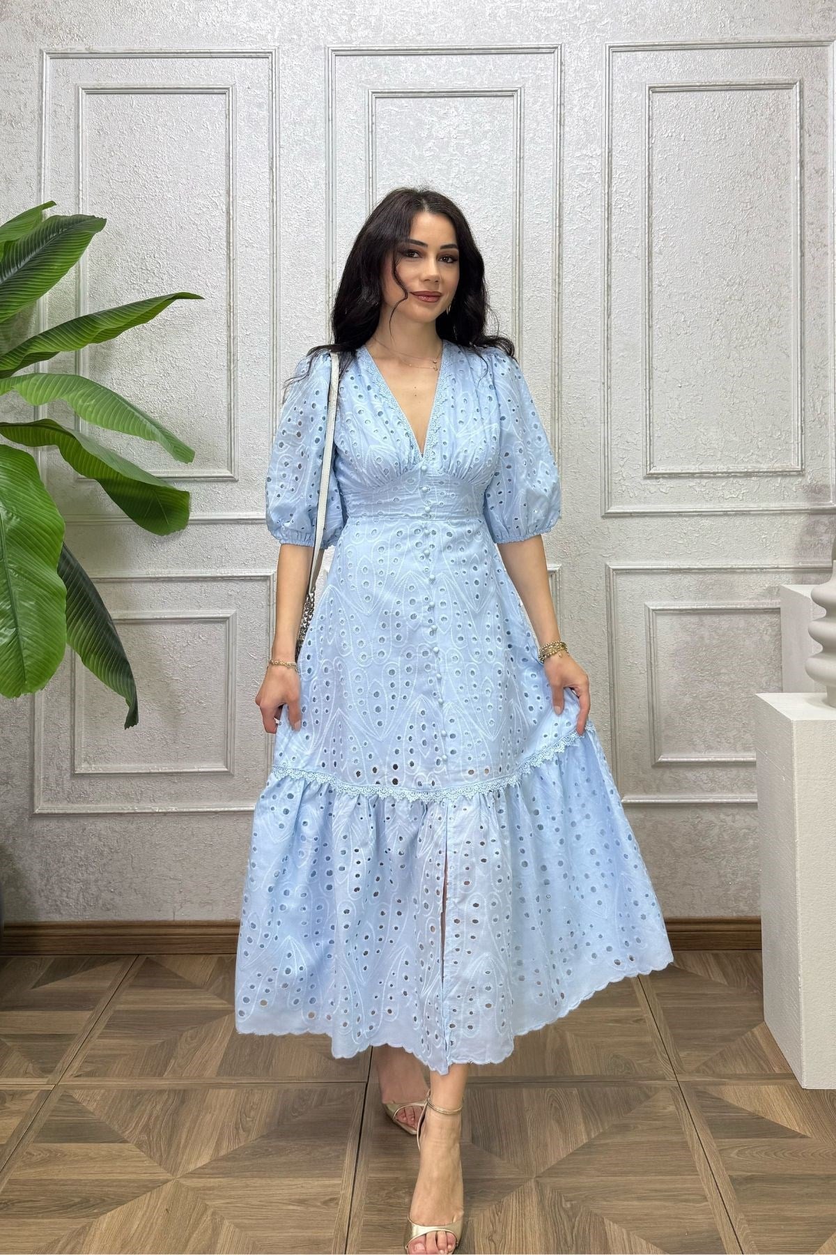 Bebe Mavi Yakası Eteği Güpür Şeritli Fisto Elbise