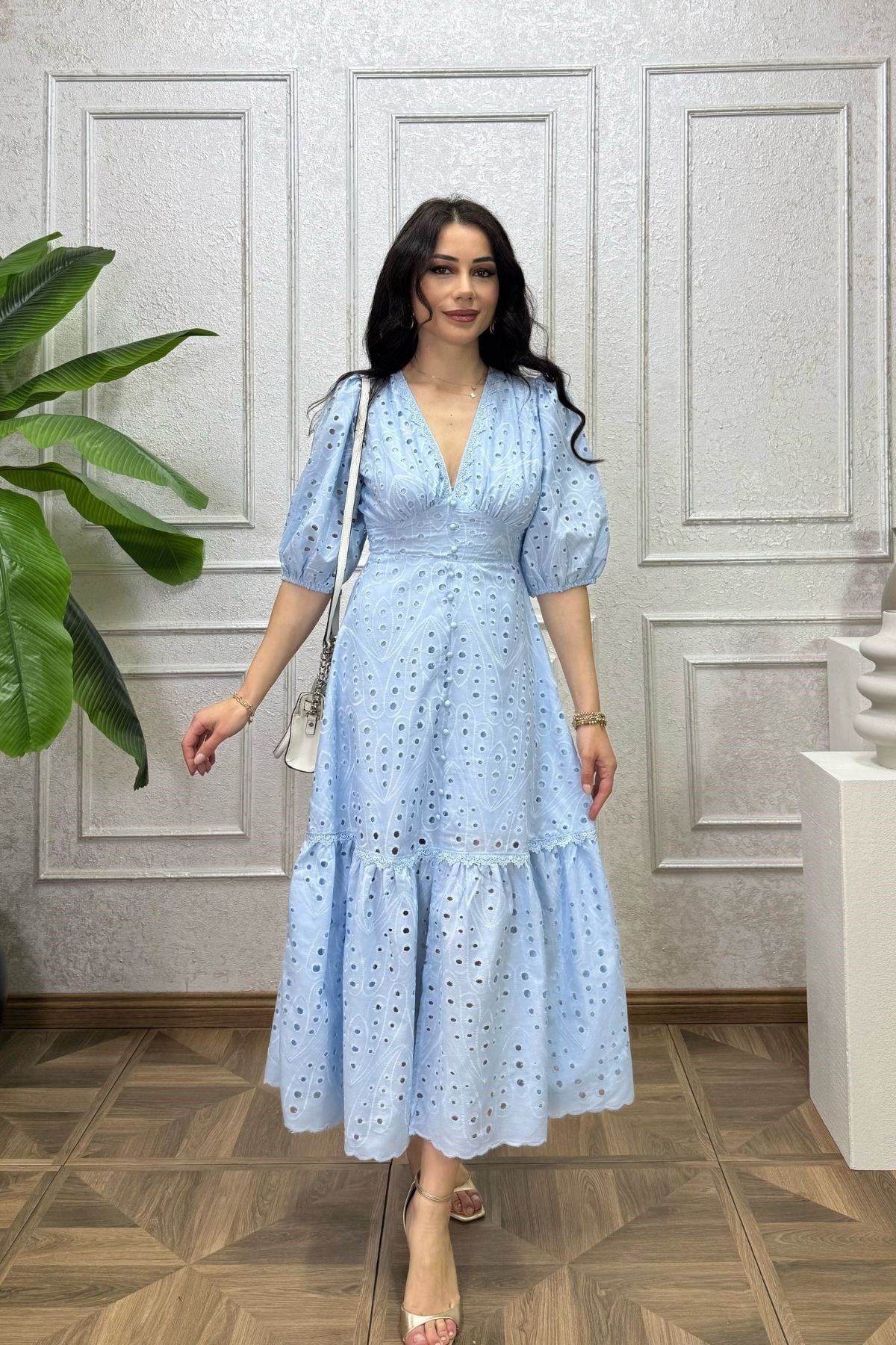 Bebe Mavi Yakası Eteği Güpür Şeritli Fisto Elbise