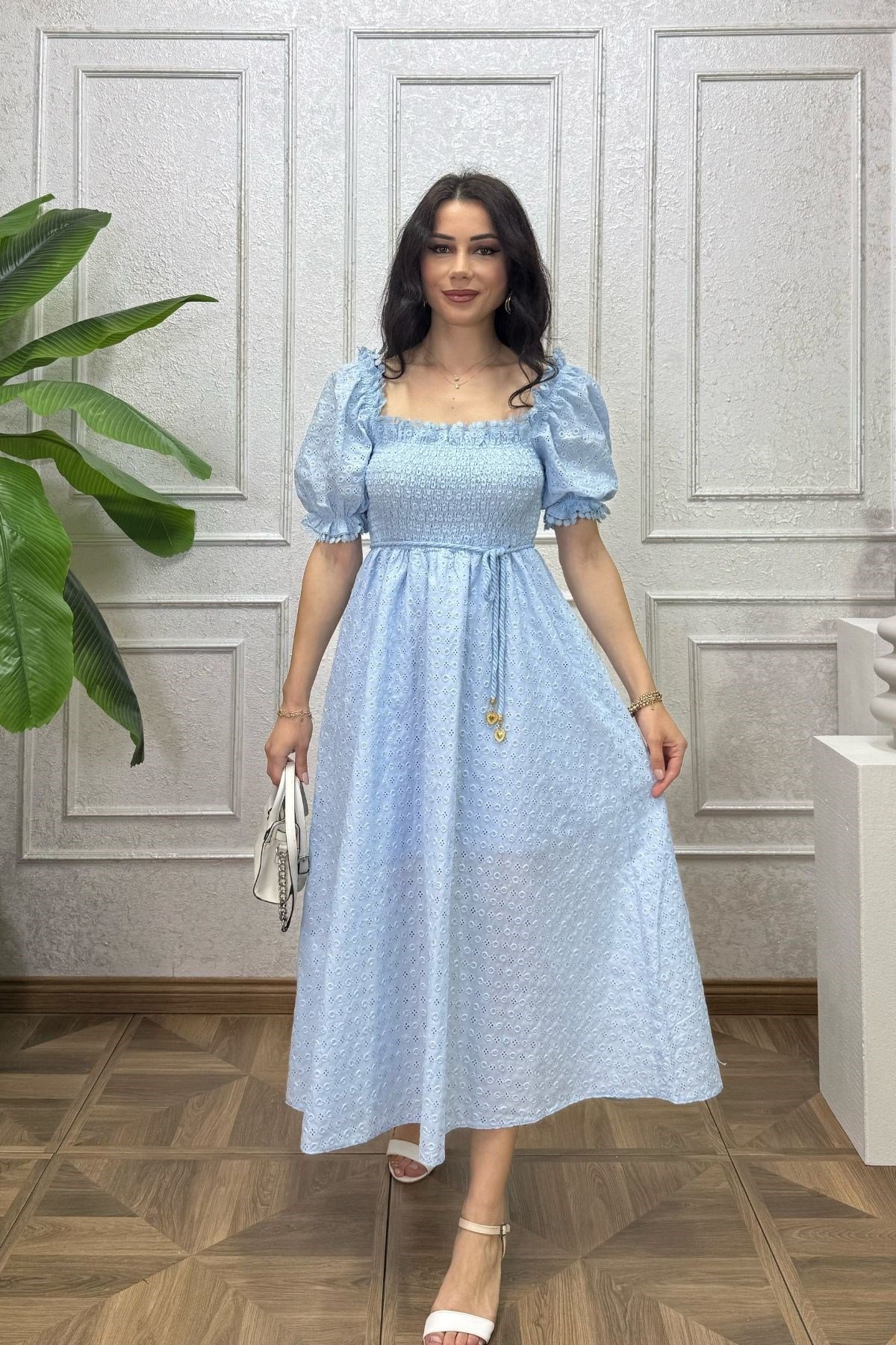 Bebe Mavi Yakası Güpür Şeritli Kemerli Fisto Elbise