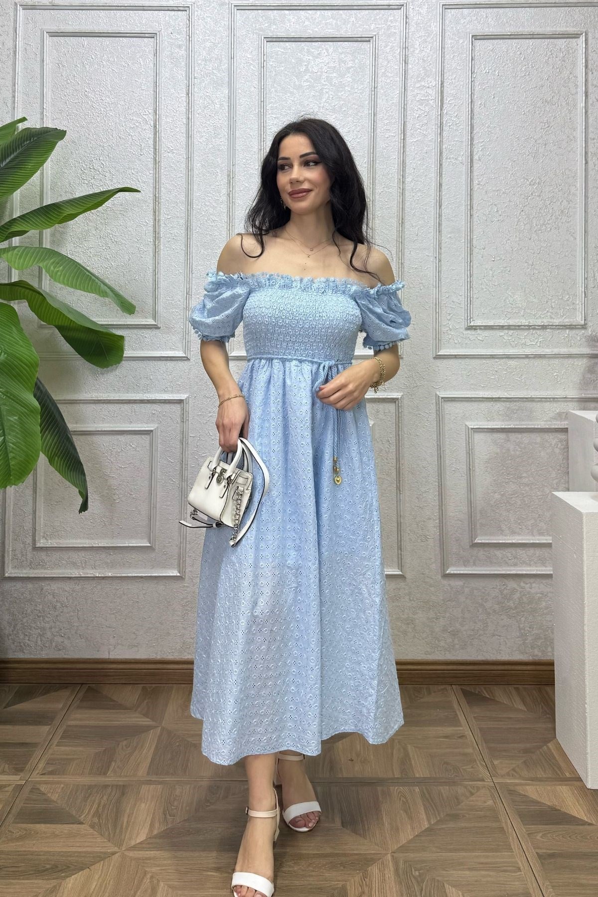 Bebe Mavi Yakası Güpür Şeritli Kemerli Fisto Elbise
