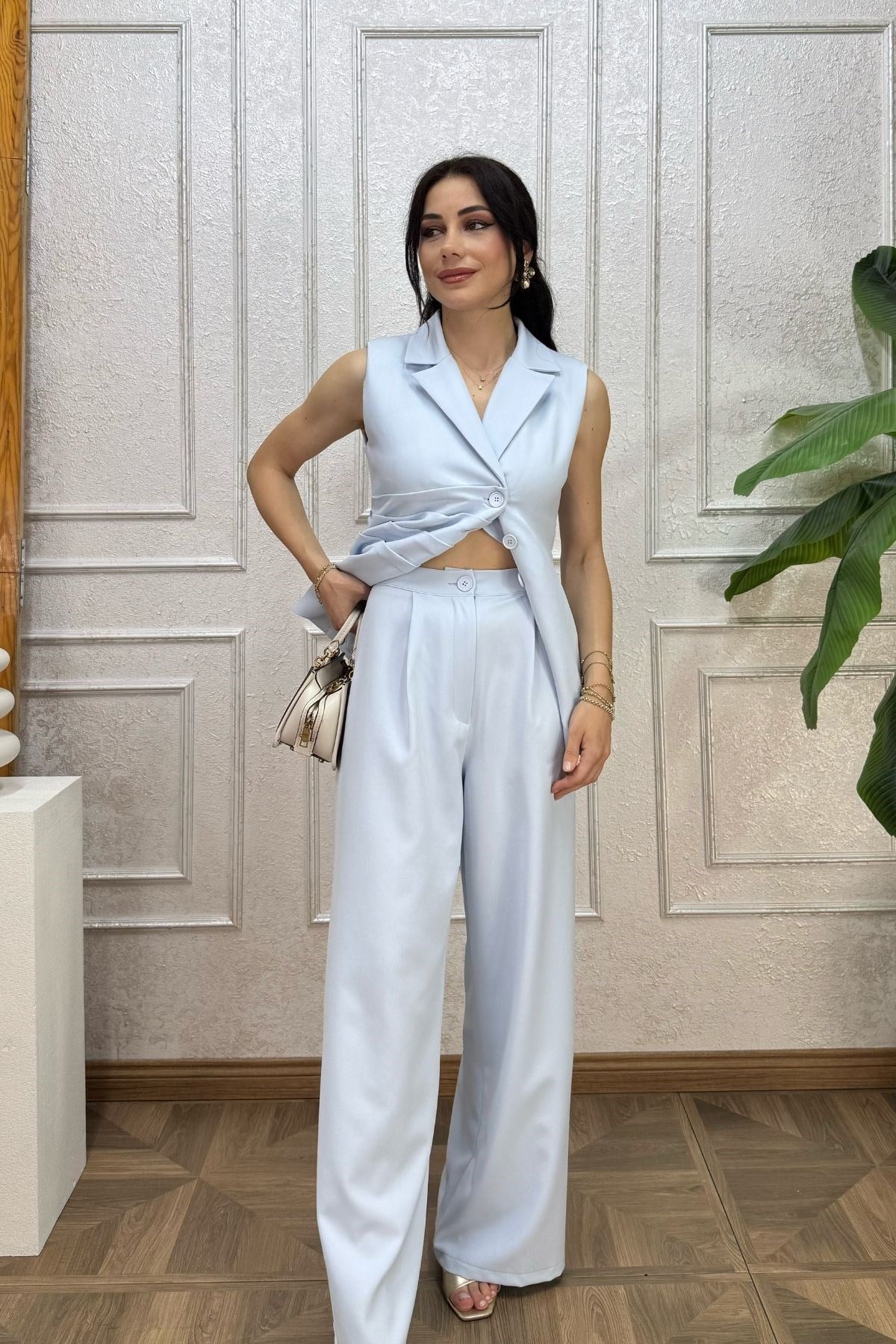 Bebe Mavi Yeleği Kuşaklı Palazzo Pantolonlu Takım