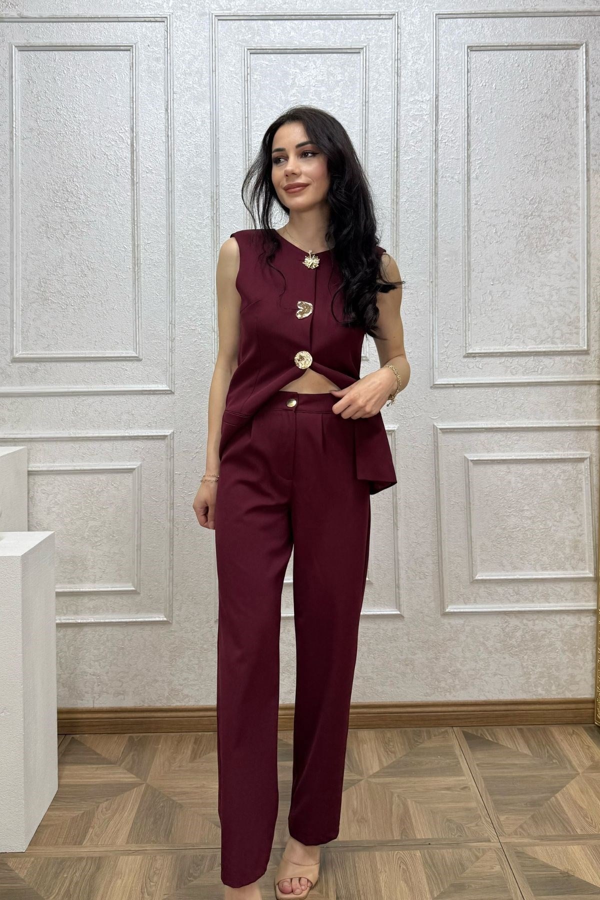 Bordo Büyük Düğme Detaylı Takım