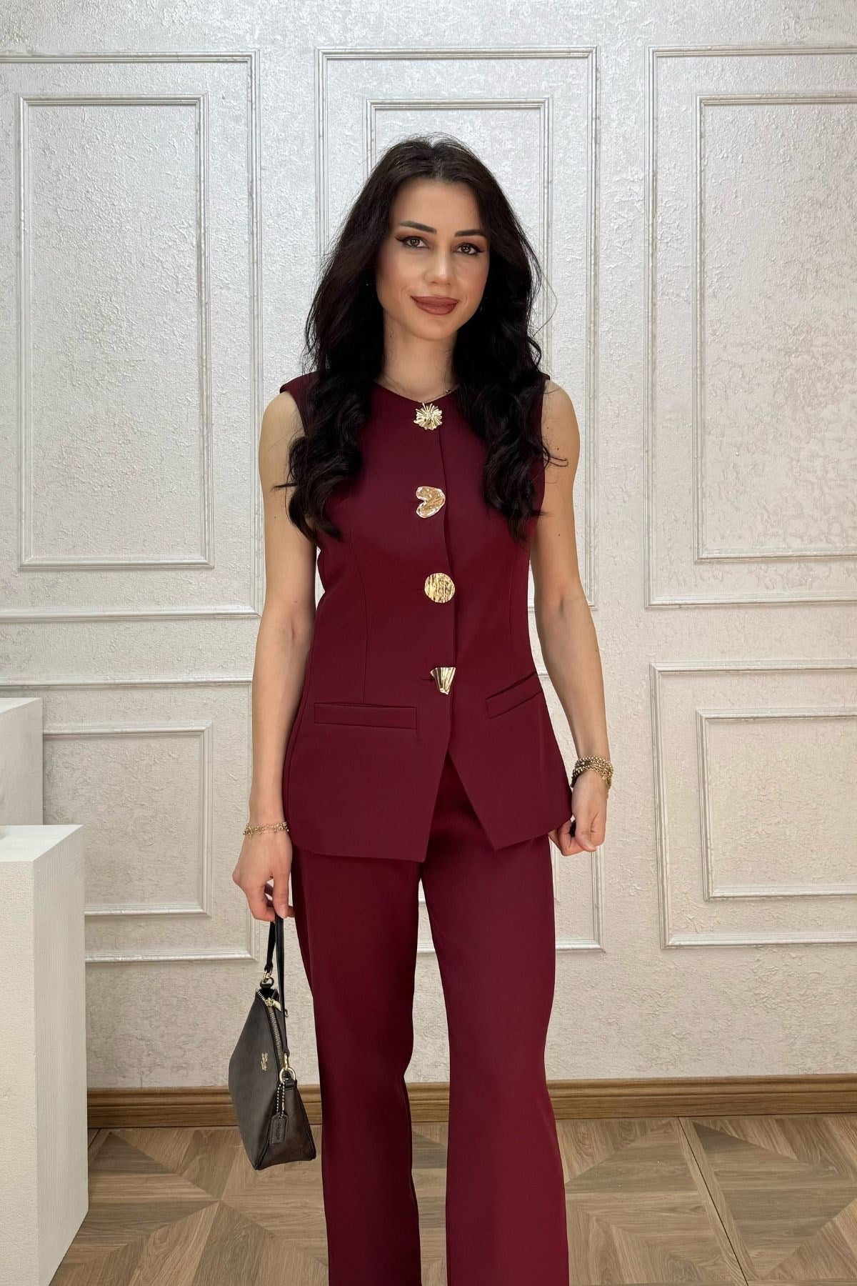 Bordo Büyük Düğme Detaylı Takım