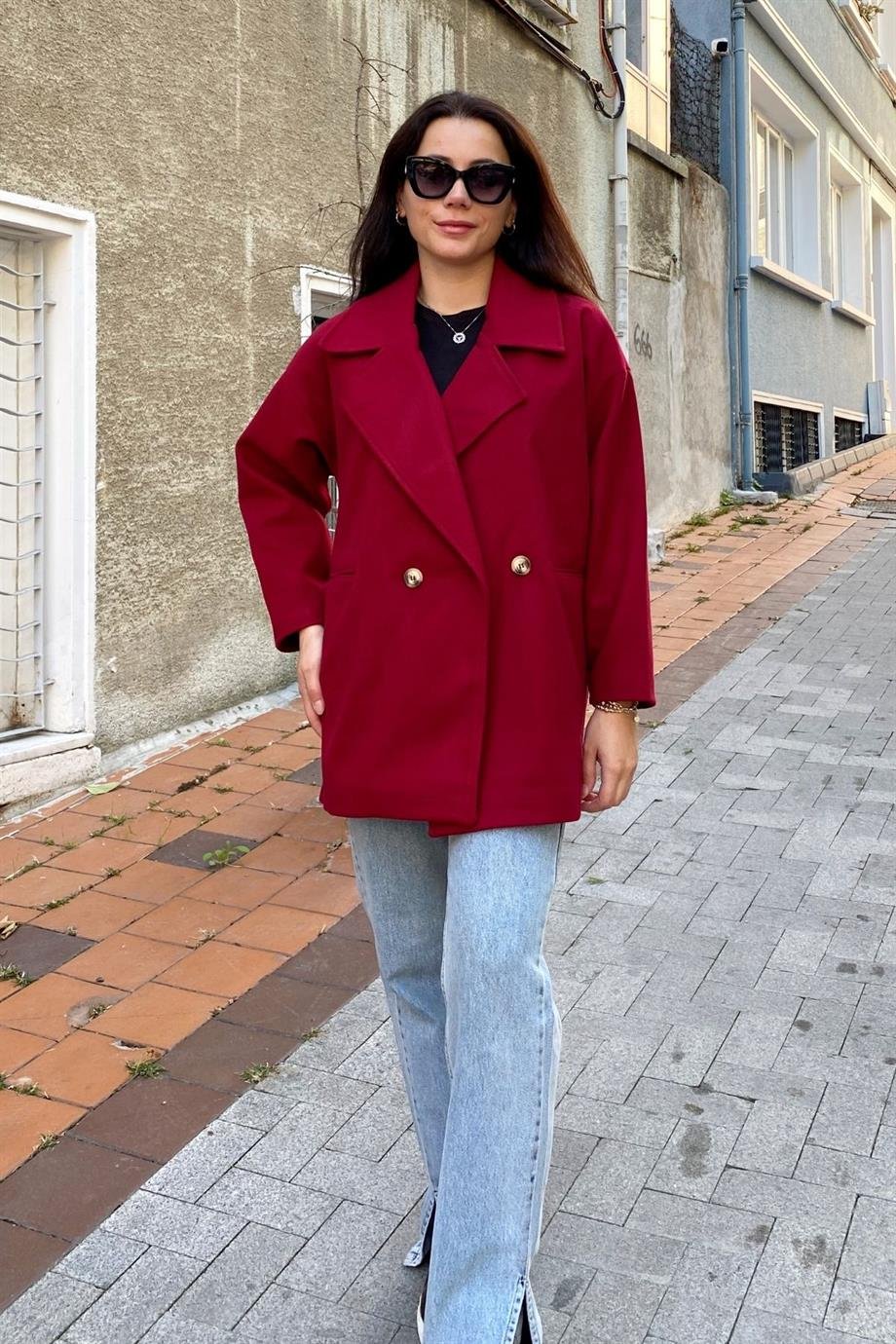 Bordo Düğmeli Oversize Astarlı Kısa Kaşe Kaban