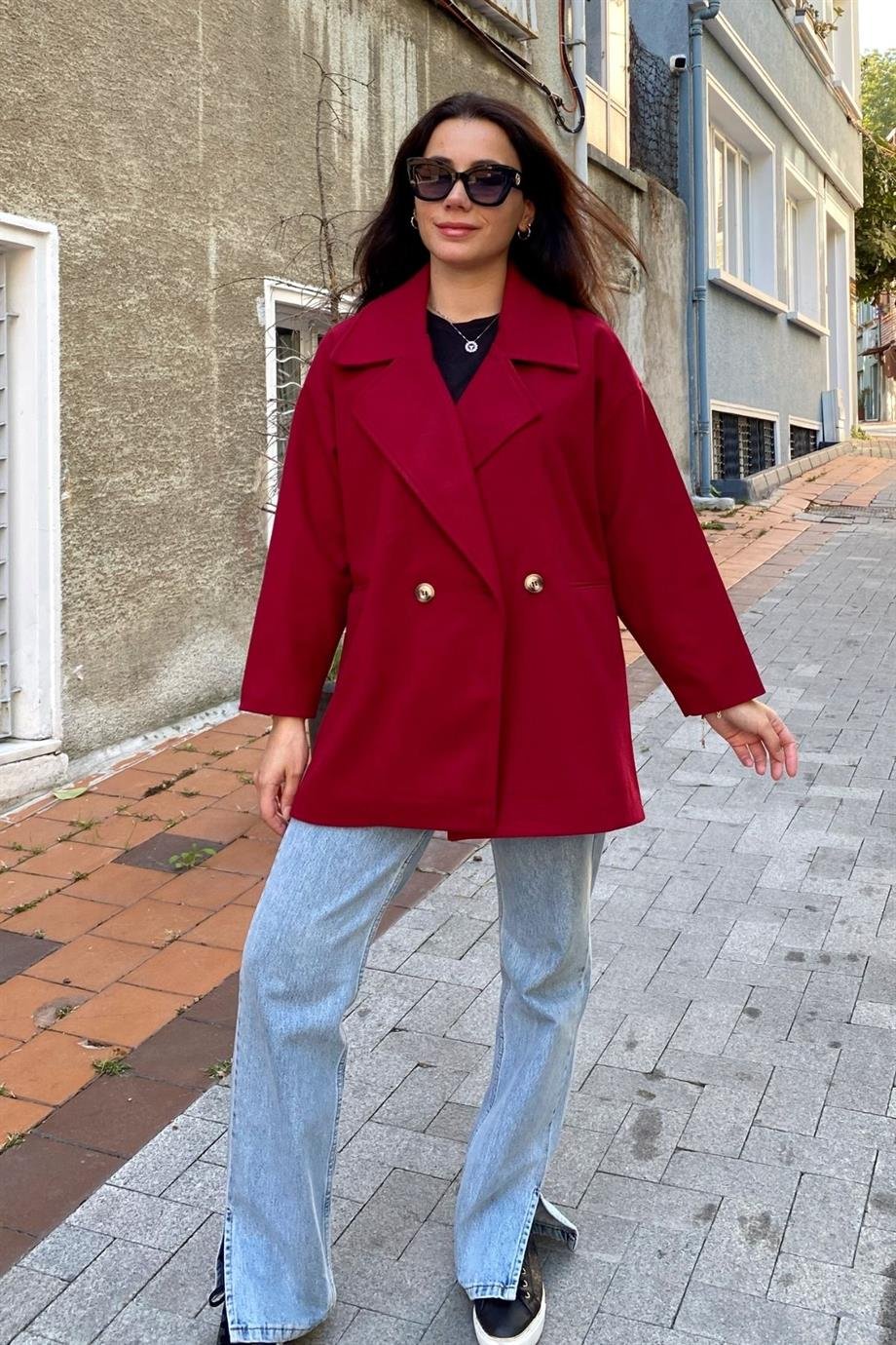 Bordo Düğmeli Oversize Astarlı Kısa Kaşe Kaban