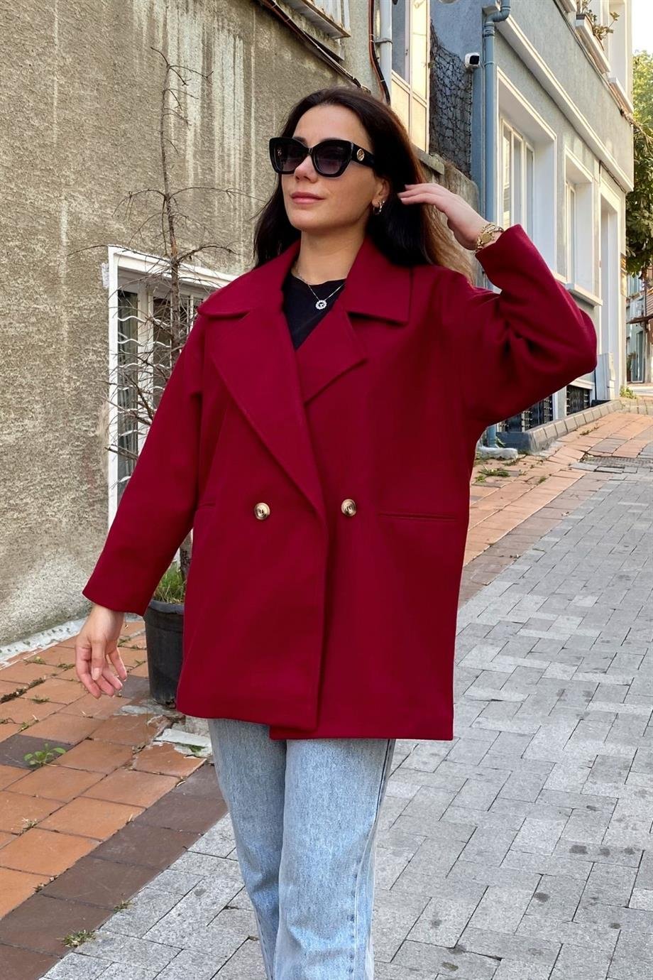 Bordo Düğmeli Oversize Astarlı Kısa Kaşe Kaban