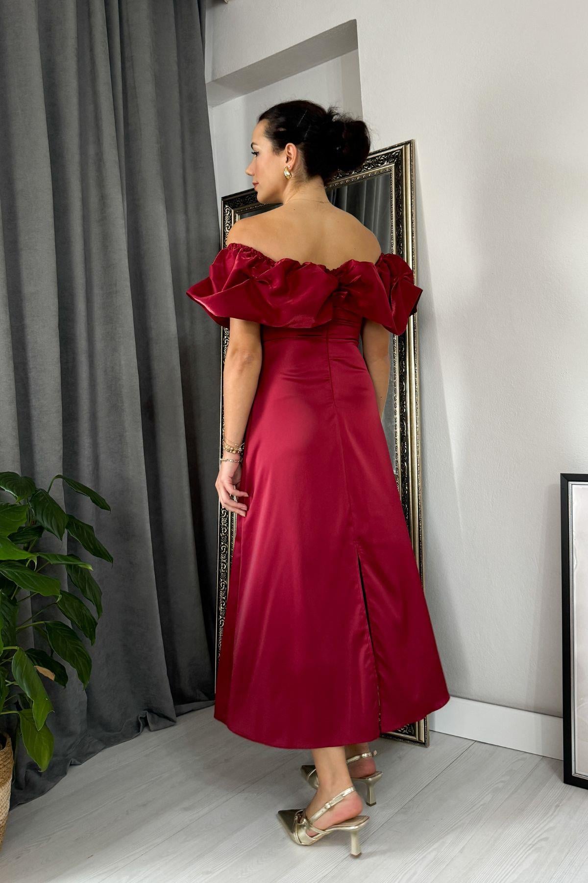 Bordo Organze Detaylı Tasarım Saten Elbise