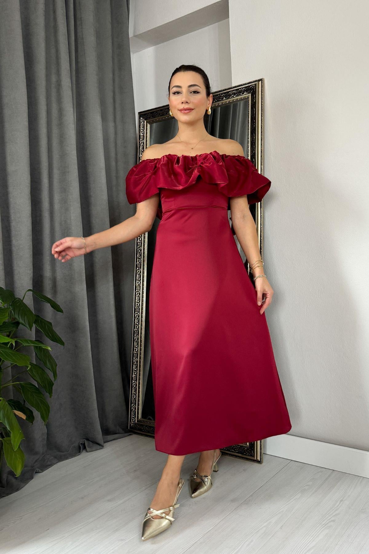 Bordo Organze Detaylı Tasarım Saten Elbise
