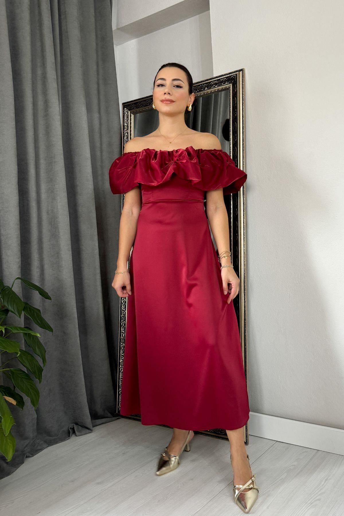 Bordo Organze Detaylı Tasarım Saten Elbise