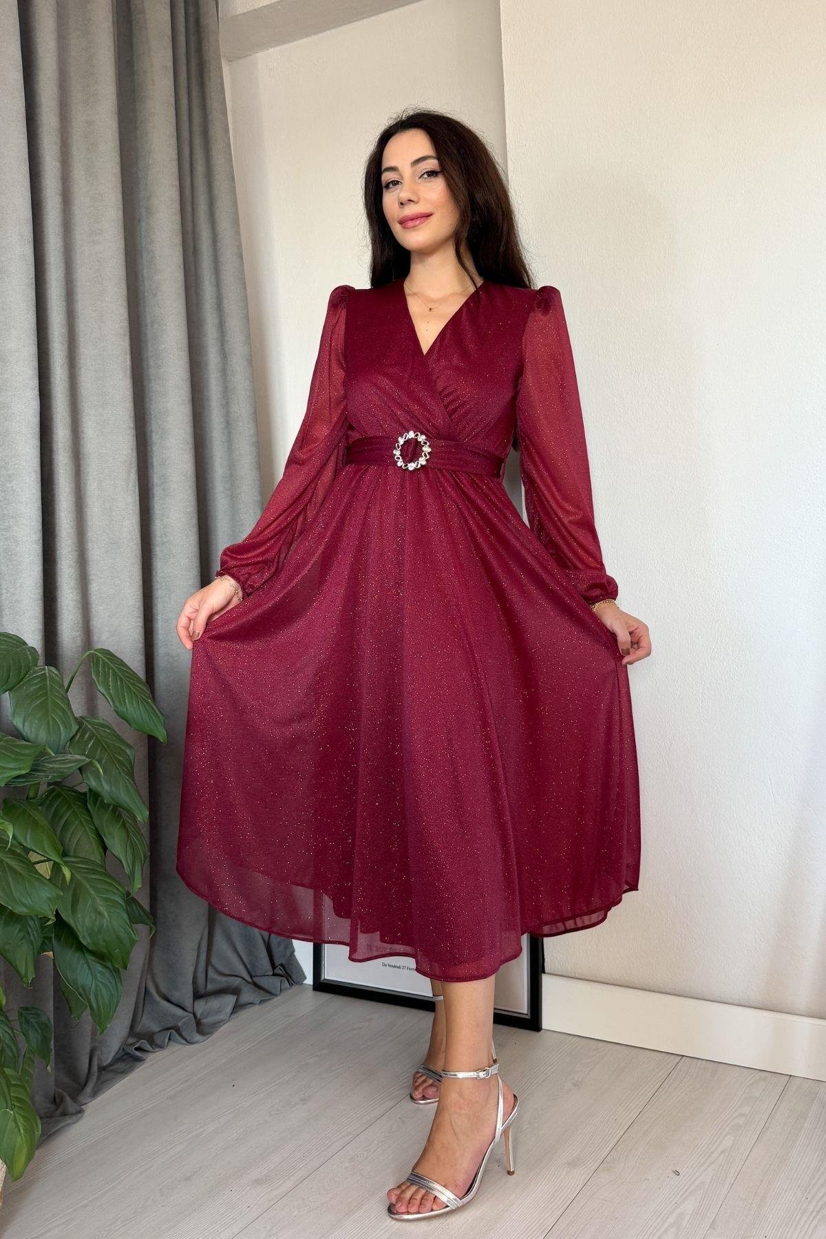 Bordo Simli Kumaş Çan Etek Kemerli Elbise